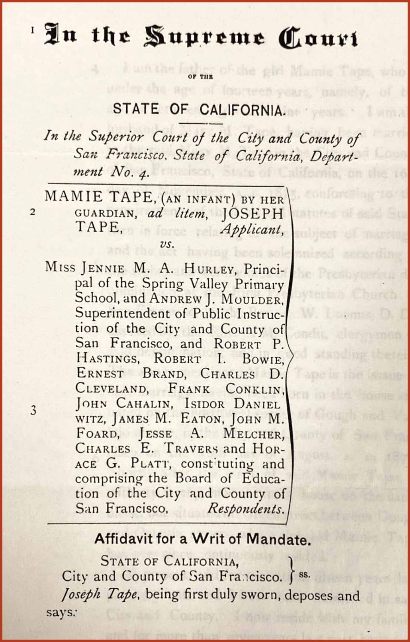 Affadavit for Supreme Court of California for the case of Tape v. Hurley.