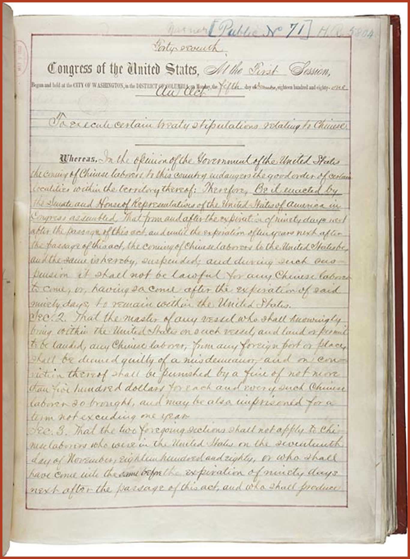 The original 1882 copy of the Exclusion Act.