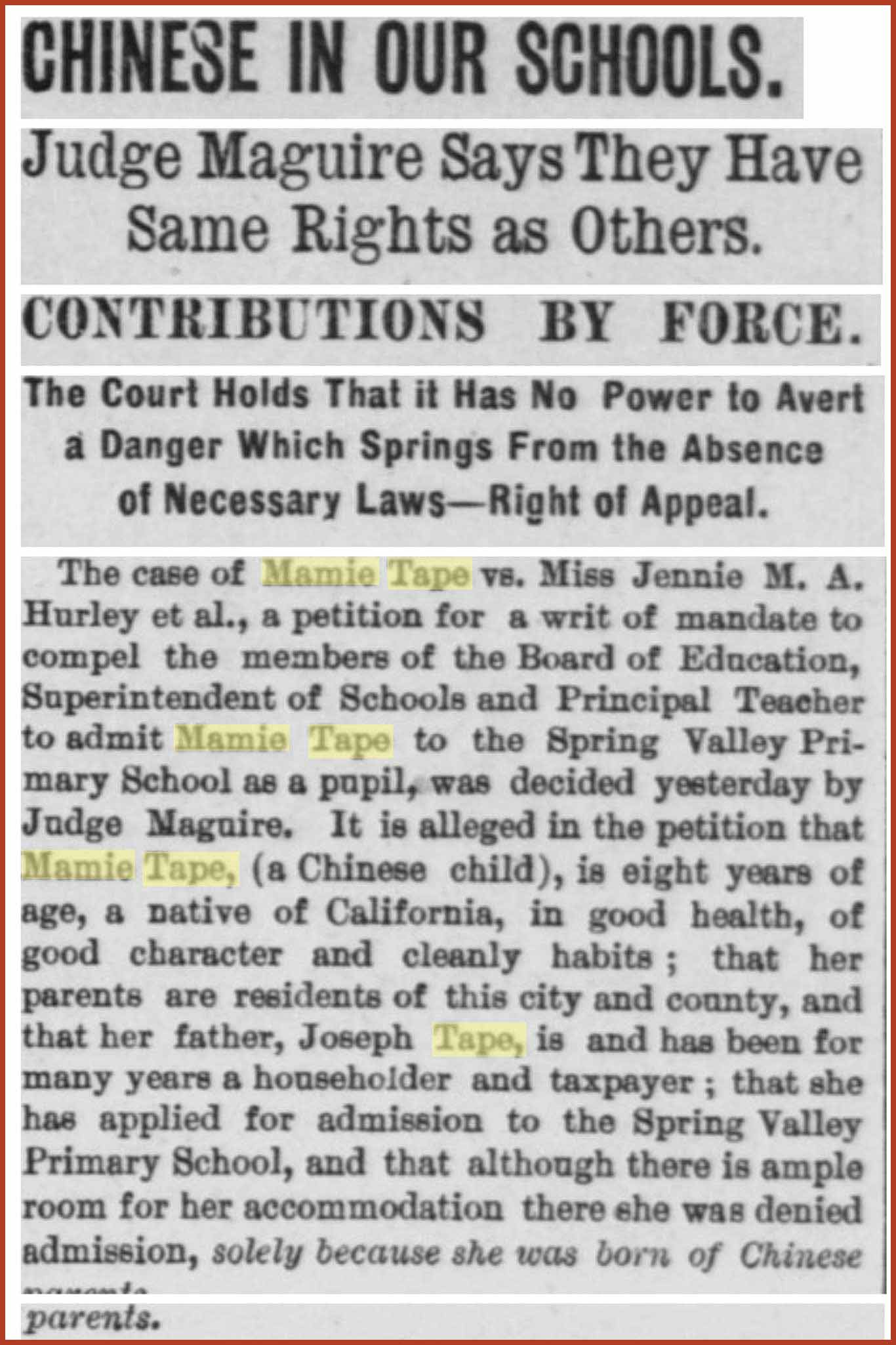 Article titled, "Chinese in Our Schools," from the Daily Alta.
