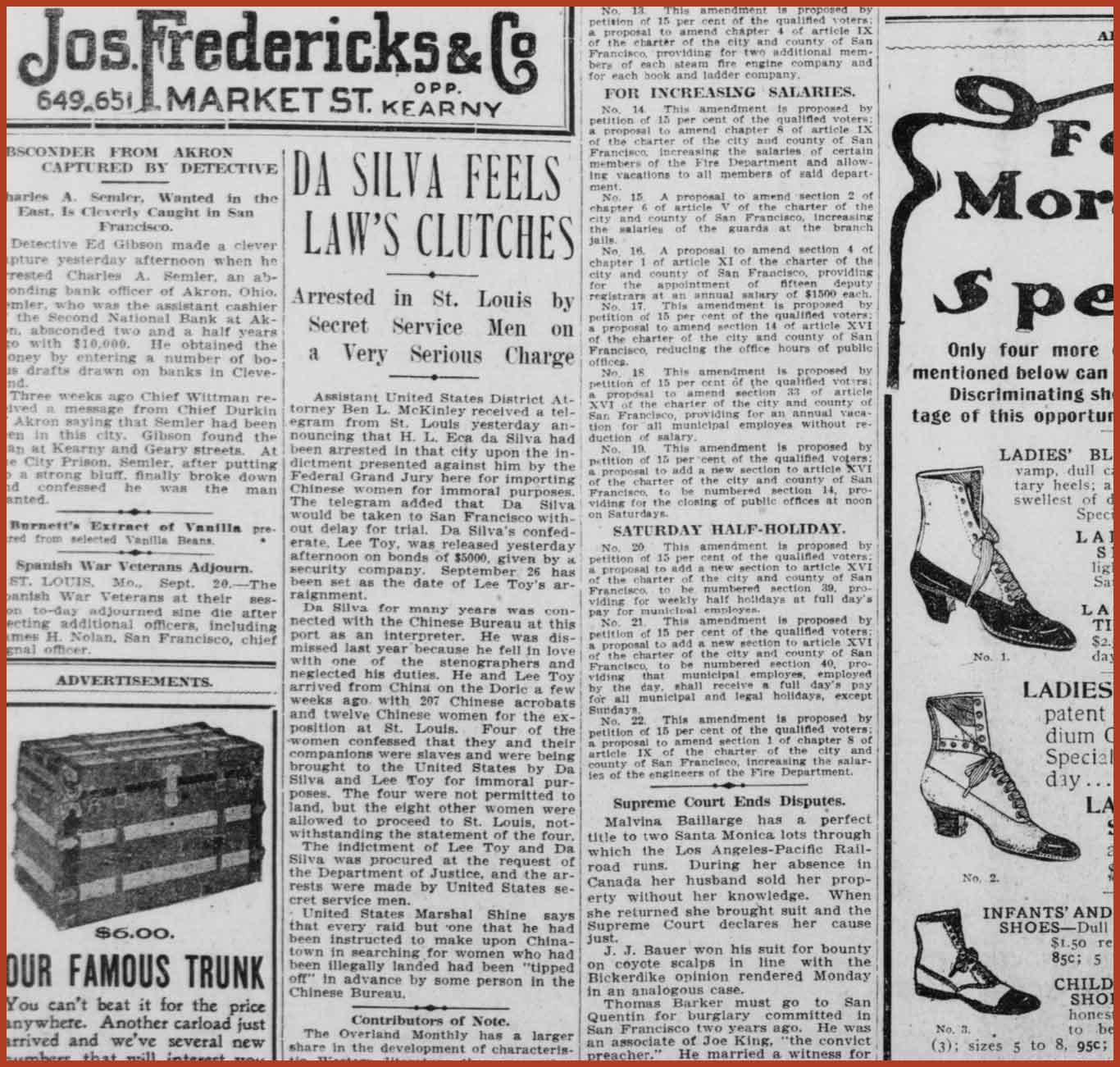 Article titled, "Da Silva Feels Law's Clutches: Arrested in St. Louis by Secret Service Men on a Very Serious Charge," from the San Francisco Call.
