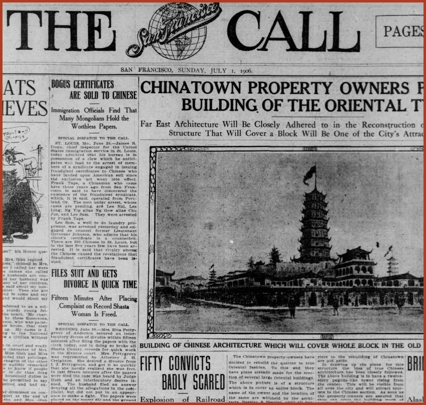 July 1, 1906 edition of the San Francisco Call. Article is titled "Bogus Certificates Are Sold to Chinese: Immigration Officials Find Many Mongolians Hold Worthless Papers."