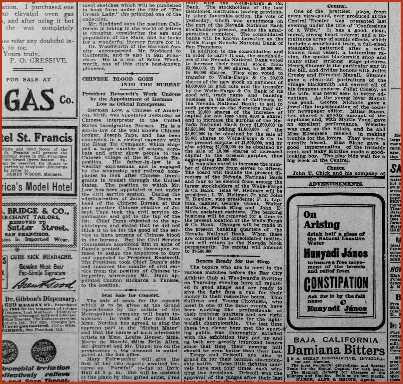 The San Francisco Call from 1905. Article is titled "Chinese Blood Goes Into the Bureau: President Roosevelt's Work Undone by Appointmen of Herman Low as Official Interpreter."