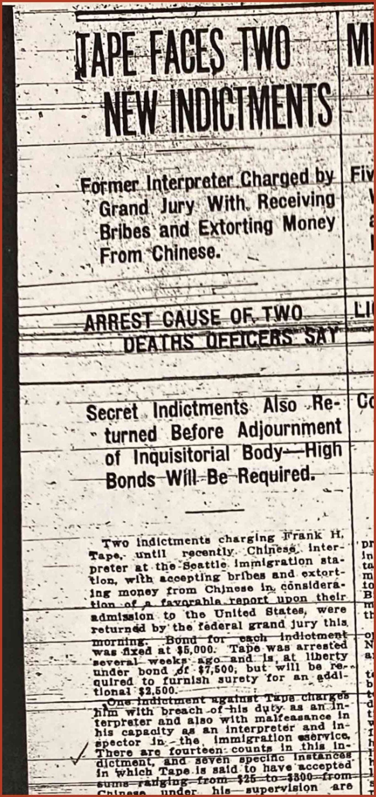 Article titled, "Tape Faces Two New Indictments," from the Seattle Times.