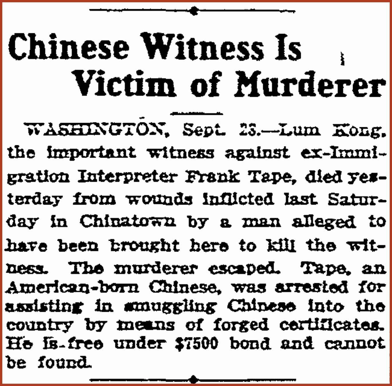 1914 Article, titled "Chinese Witness Is Victim of Murderer," from the Oakland Tribune.