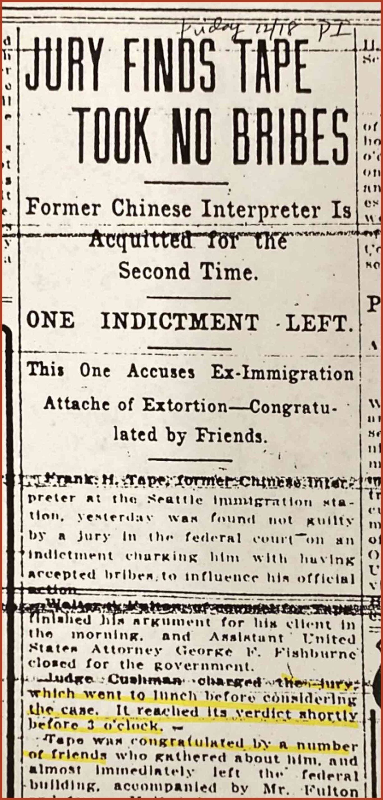 Article titled, "Jury Finds Tape Took No Bribes," from the Seattle Times.