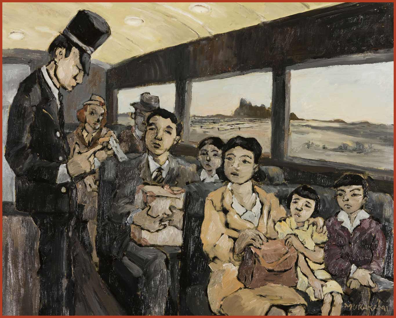 Oil on canvas. A conductor inspects the Murakami family's tickets as they sit huddled together on the train.