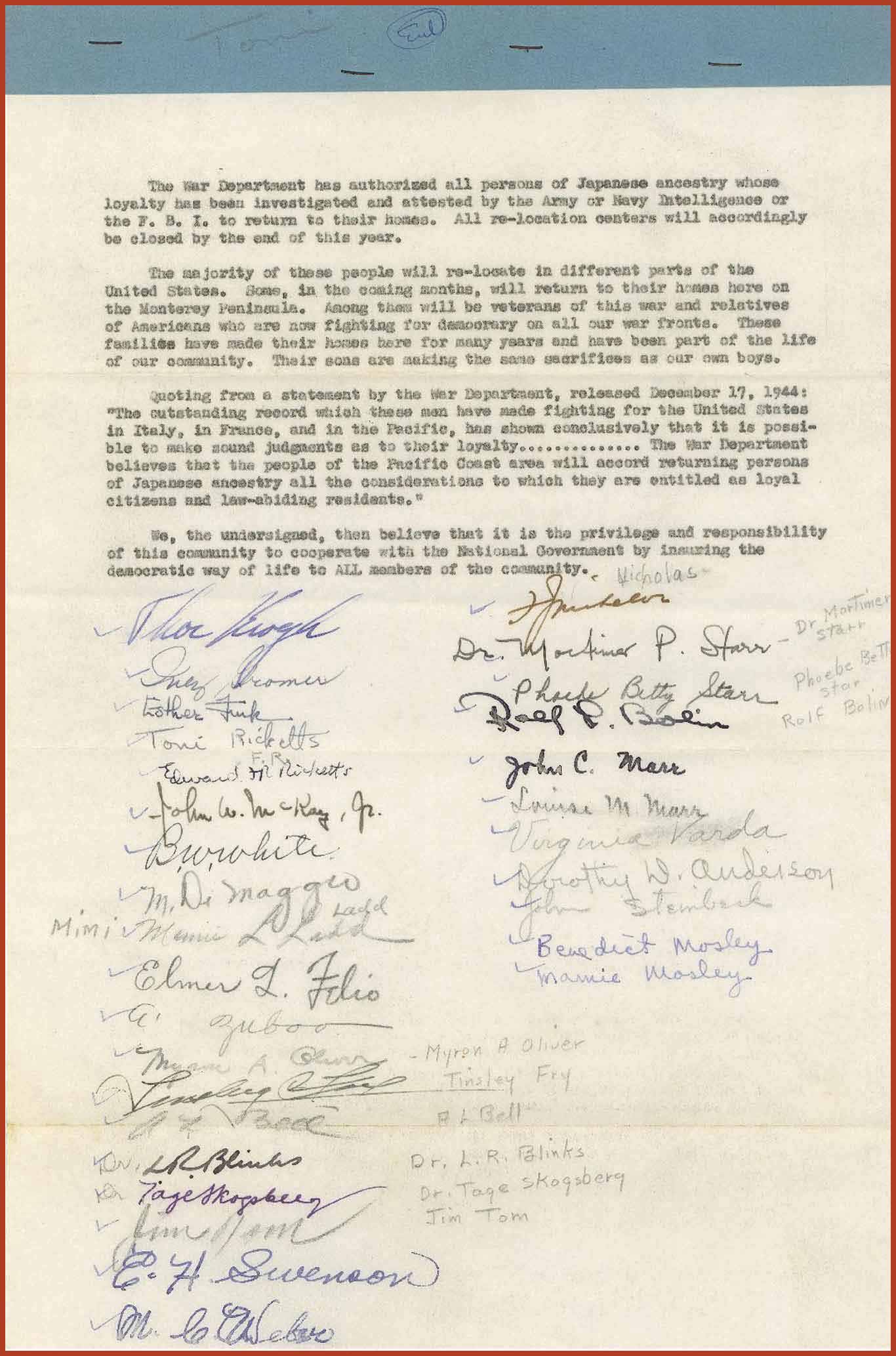Petition signed by Monterey, California residents to welcome back Japanese Americans who were forcibly relocated to incarceration camps during World War II