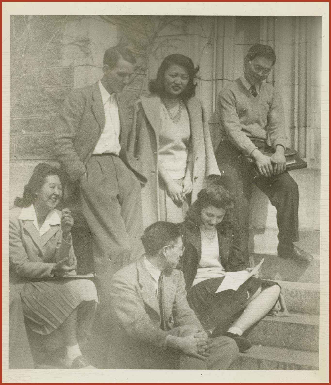 A group of Nisei students from Swarthmore College gather on the steps.