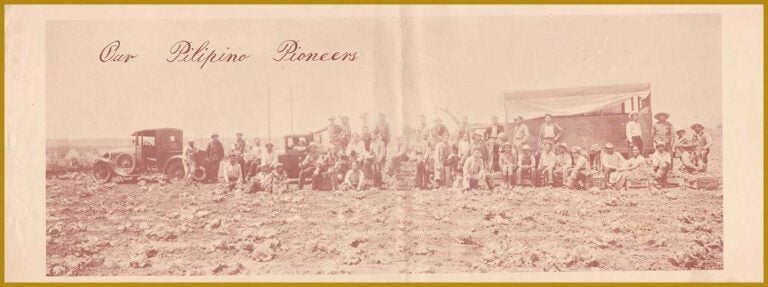 Filipino migrant workers posing at a Cabbage Field in Salinas, California. In the top left are the words, "Our Pilipino Pioneers."