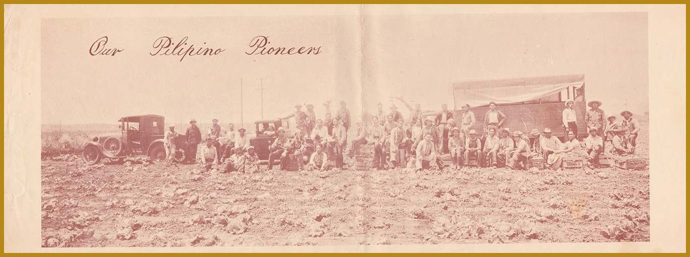Filipino migrant workers posing at a Cabbage Field in Salinas, California. In the top left are the words, "Our Pilipino Pioneers."