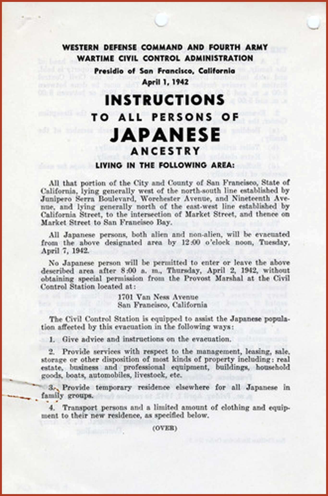 A notice posted in Japanese American communities along the West Coast in the spring of 1942 ordering them to leave their homes.