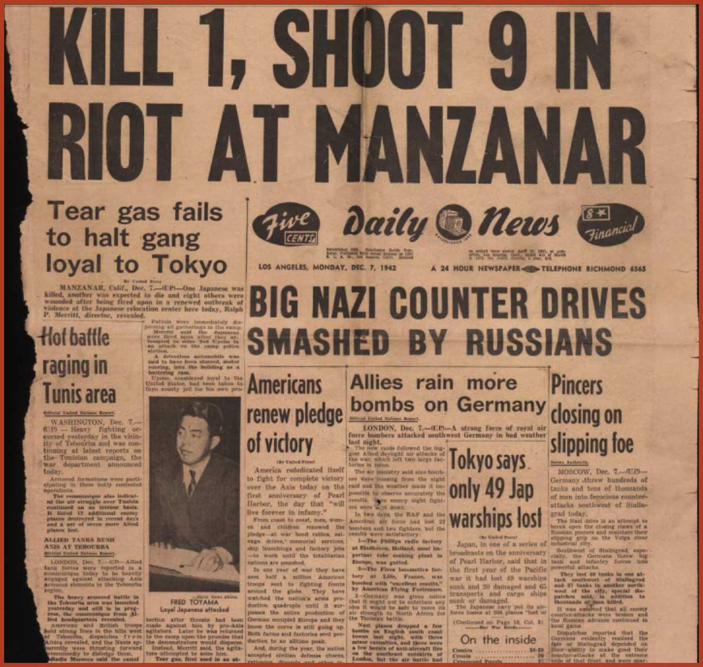Front page of the Daily News with the headline, "Kill 1, Shoot 9 in Riot at Manzanar."