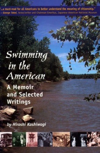 The cover of Hiroshi Kashiwagi's Swimming in the American shows a river with scattered rocks and a row of trees on the left bank under a blue sky.