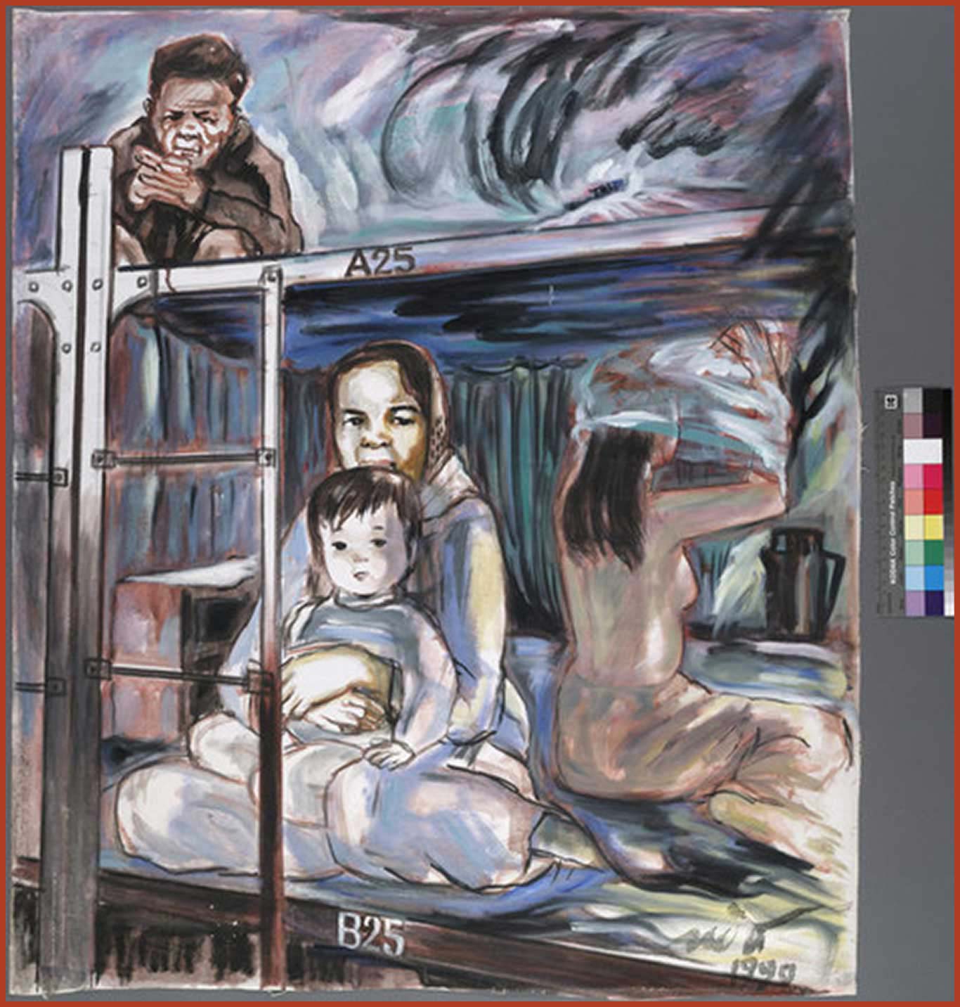 Illustration of a bunk bed. On the top bunk, a little boy sits with his hands crossed. On the bottom bunk, a mother holds her child close to her and in the background a woman is changing her clothes.
