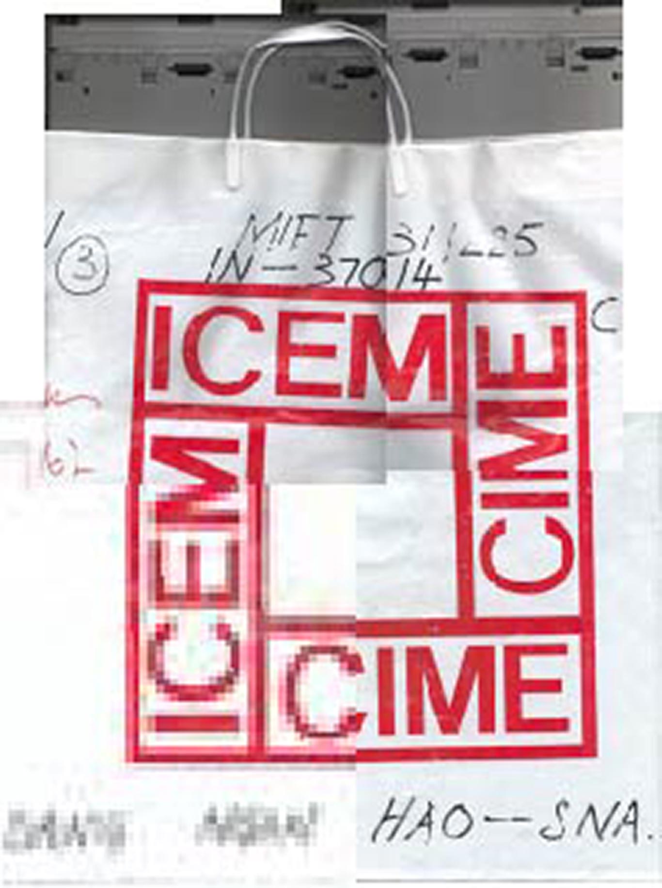 Photo of a white shopping bag with thin handles. Large square logo in center reads "ICEM" in red letters. Bag labeled "MIFT 311225 IN-37014 Hao Sna."