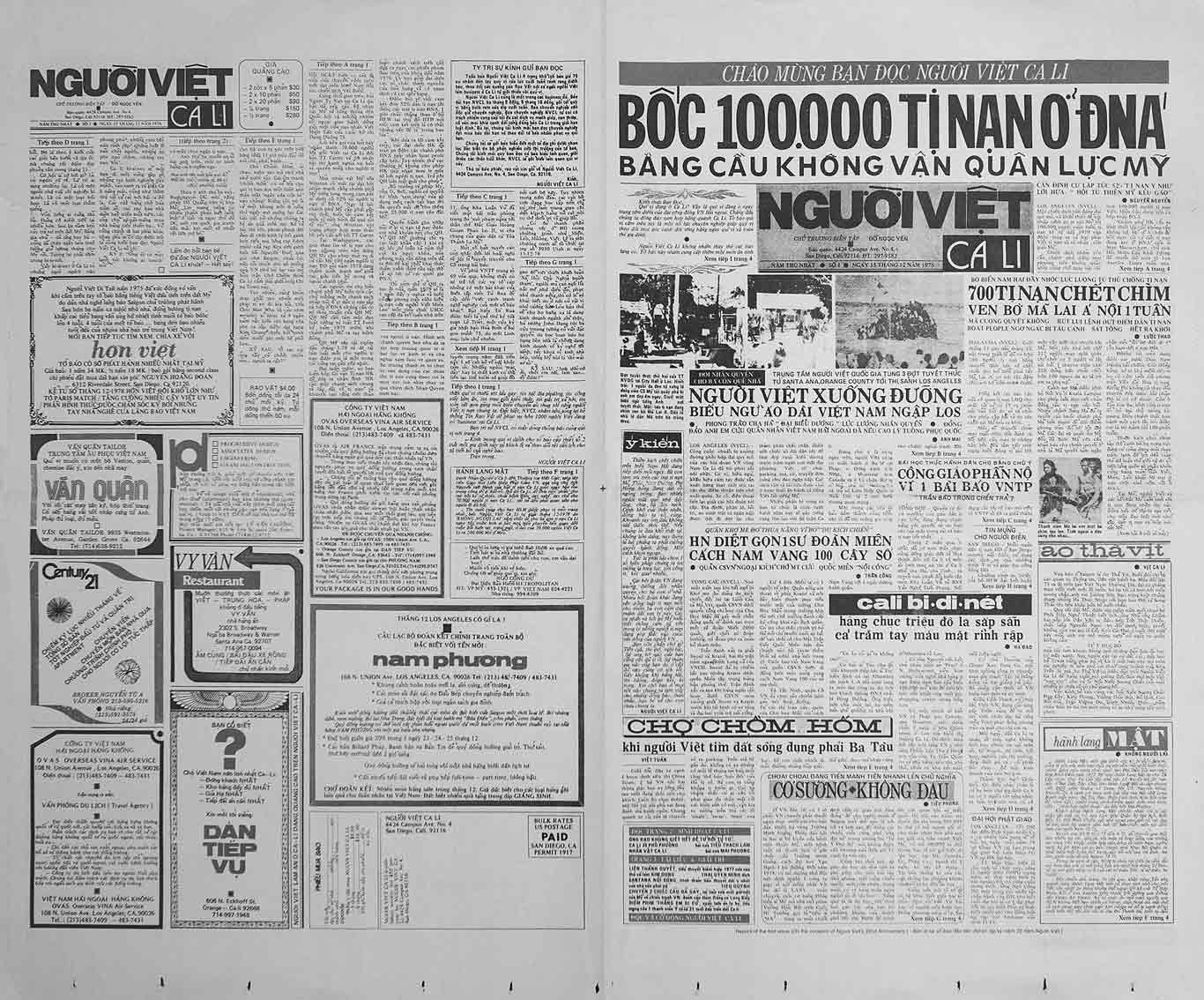 A black-and-white scanned two-page spread of the Vietnamese-language newspaper "Người Việt Cali." The left page is filled with classified ads, small business advertisements, and community notices, all in Vietnamese text, with some boxed sections and logos for local businesses like restaurants and real estate agencies. The right page features large bold headlines, including a prominent one at the top reading "BỐC 100.000 TỊ NẠN Ở ĐNA" about evacuating 100,000 refugees from Southeast Asia. Below the headline are several smaller articles, opinion columns, and black-and-white photographs depicting groups of people and community events. The layout is dense with text, columns, and a few visual elements, reflecting a typical broadsheet newspaper design from the late 20th century, aimed at the Vietnamese community in California.