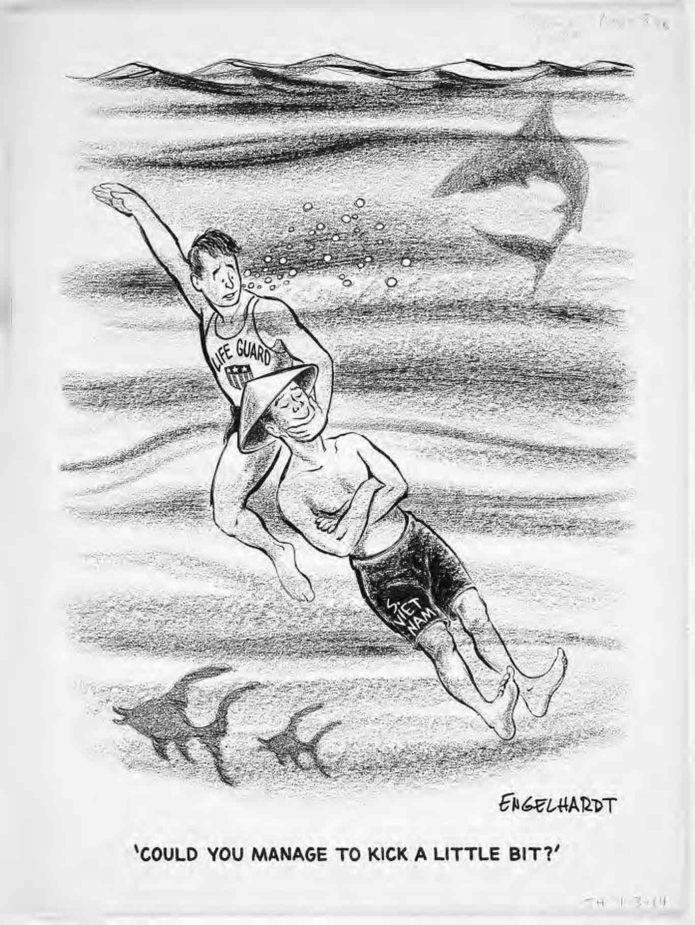 Illustration of a lifeguard wearing a swimsuit with an american flag while pulling a man wearing swim trunks labeled "S. Vietnam" and a cone-shaped straw hat through shark infested waters. The South Vietnamese seems to be unconcious while the lifeguard seems worried. Label reads 'Could you manage to kick a little bit?'