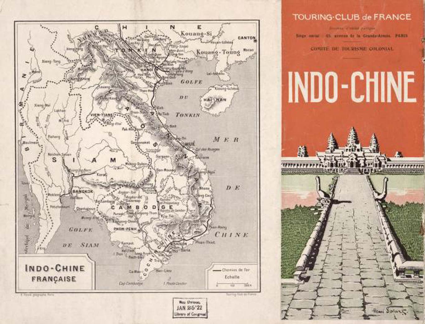 Black-and-white map of the "Indo-Chine Francaise" that depicts Southeast Asia. All locations on the map are labeled in French. On right is a graphic of a pathway to a Southeast Asian style building amongst two pools of water labeled "Touring Club de France, Indo-Chine".