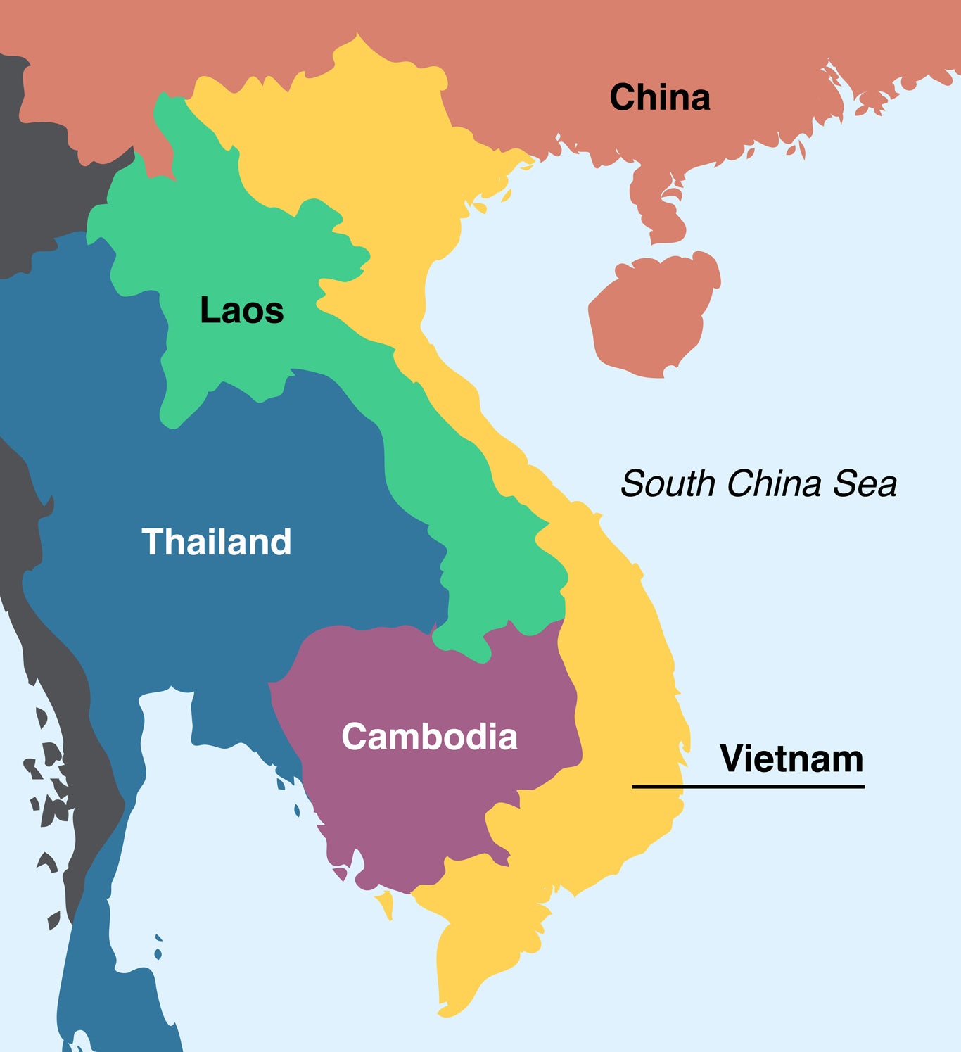 Map of Southeast Asia highlighting Vietnam amongst its neighbors Cambodia, Thailand, Laos, and China.