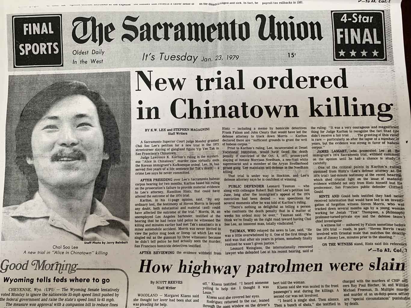 Newspaper article titled"New trial ordered in Chinatown killing." On the left is a headshot of Chol Soo Lee.