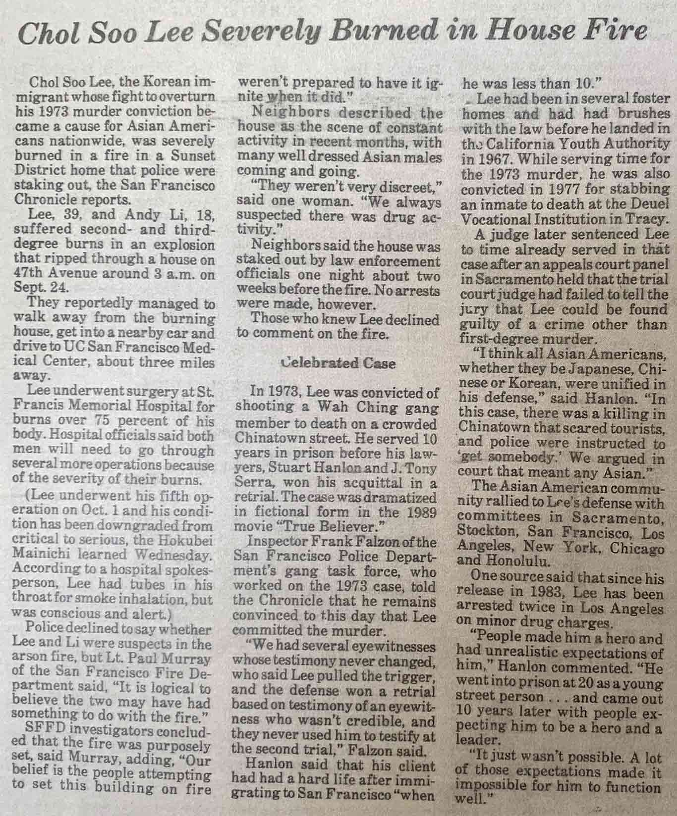 Newspaper article titled "Chol Soo Lee severely burned in House Fire."
