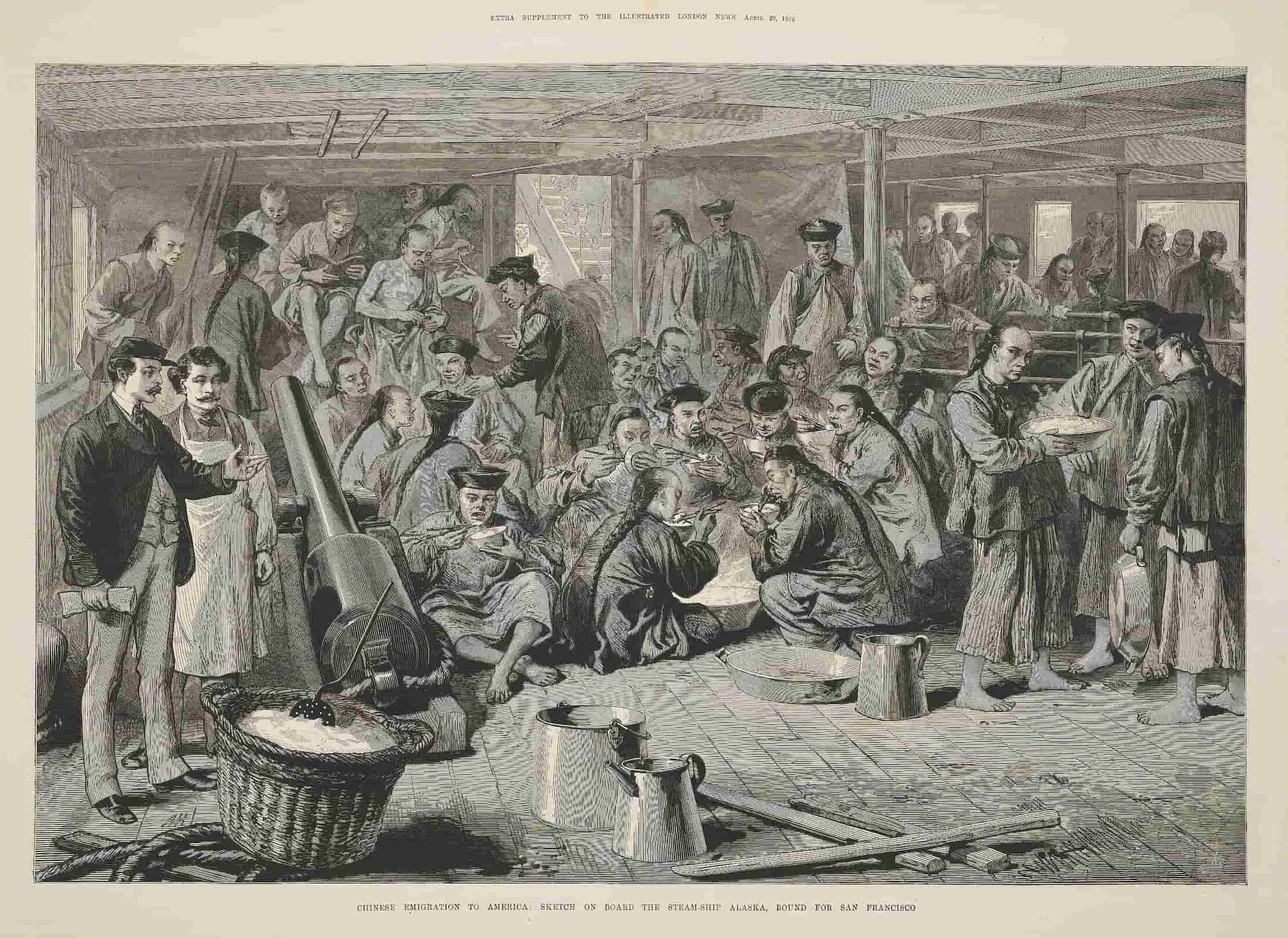 Illustration depicts the interior area of a steam ship. Two white men on the left gaze at a crowd of Chinese emigrants eating food and socializing.