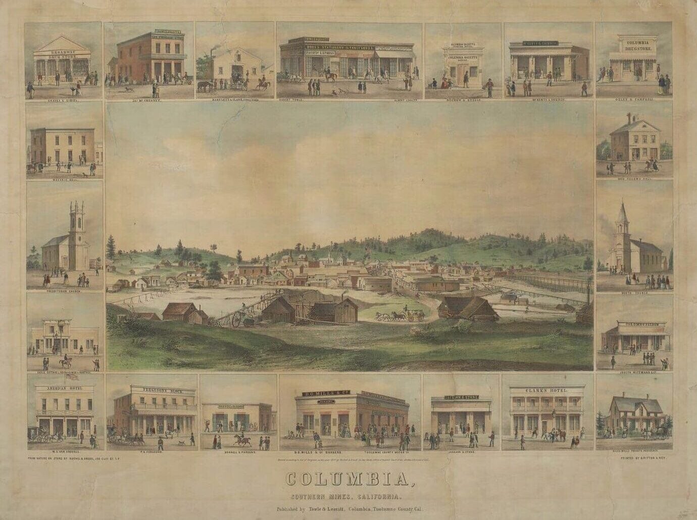 Illustration depicts mining operations and town surrounded by hills. Marginal sketches show local businesses, churches, hotels, banks.