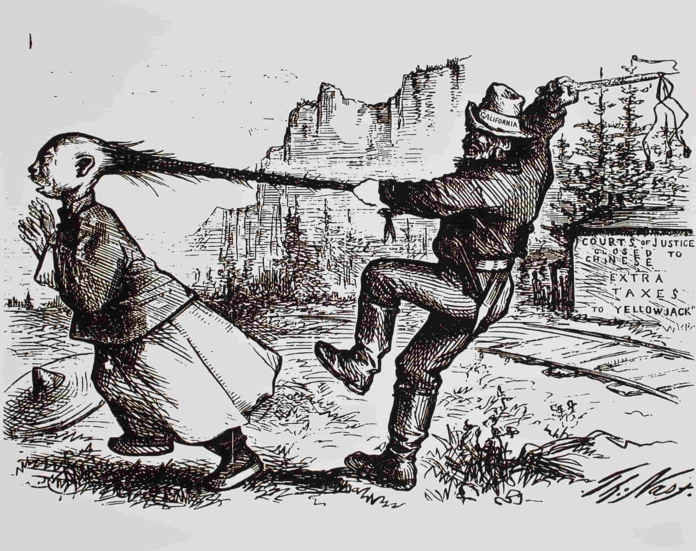A political cartoon showing a pioneer representing California flogging a Chinese man while grabbing the end of his queue as he tries to escape.