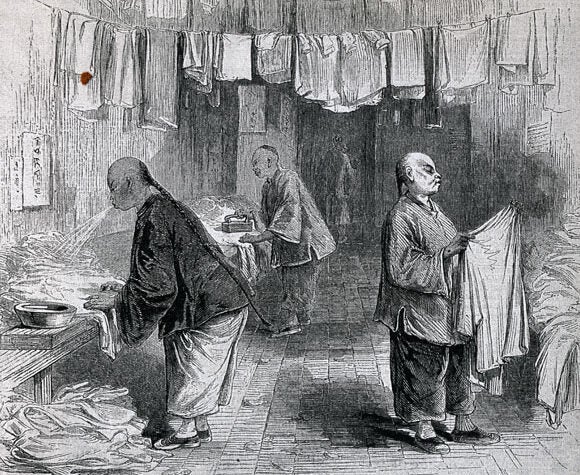 Cartoon of three Chinese men with queue hairstyles wearing shanku and working in a laundry. One man blows, another irons and the last folds clothes.