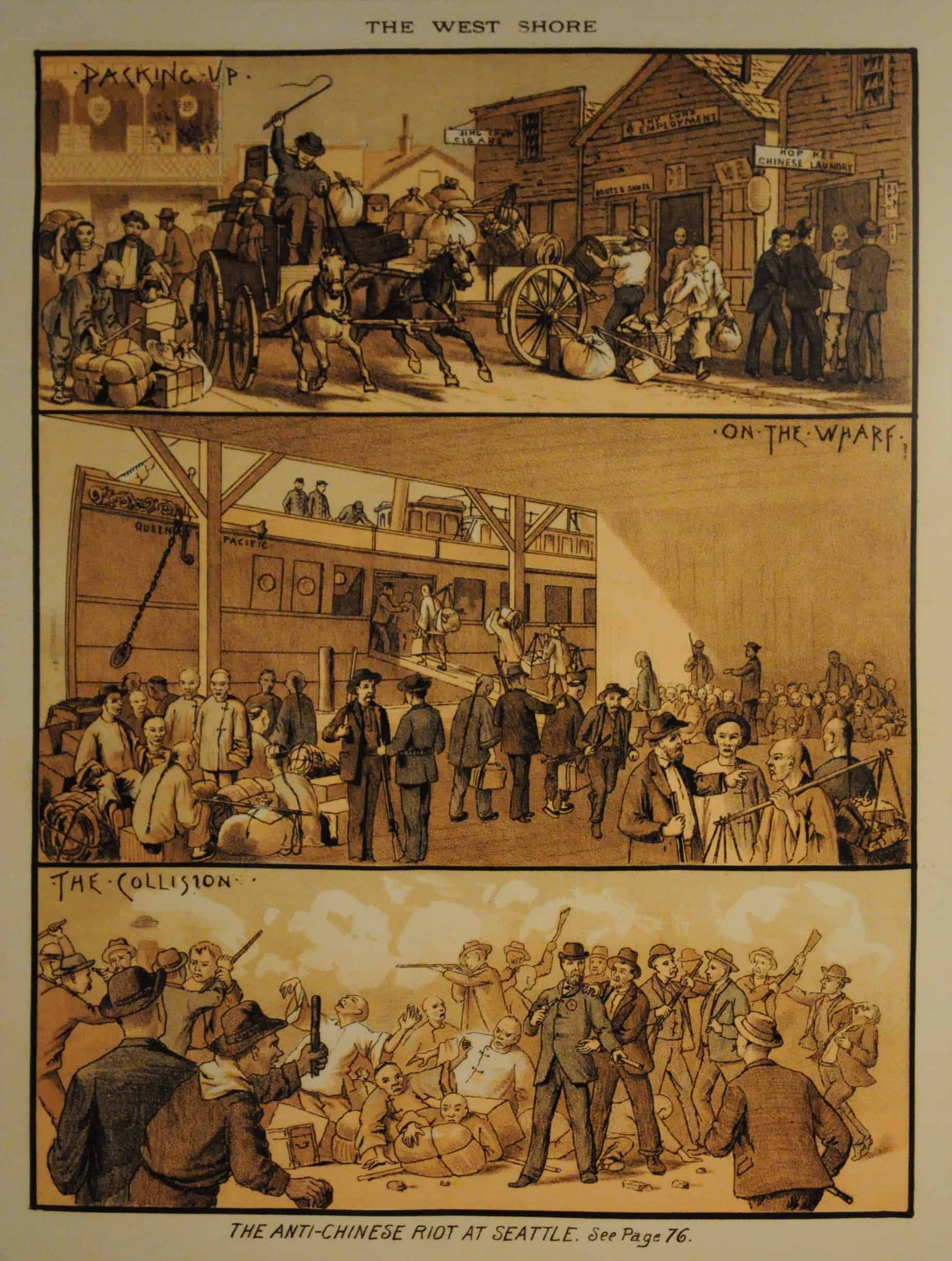 Three illustrated panels of lead up to anti-Chinese riot in Seattle. Chinese men are forced to pack up, board a ship, lie on the ground surrounded.