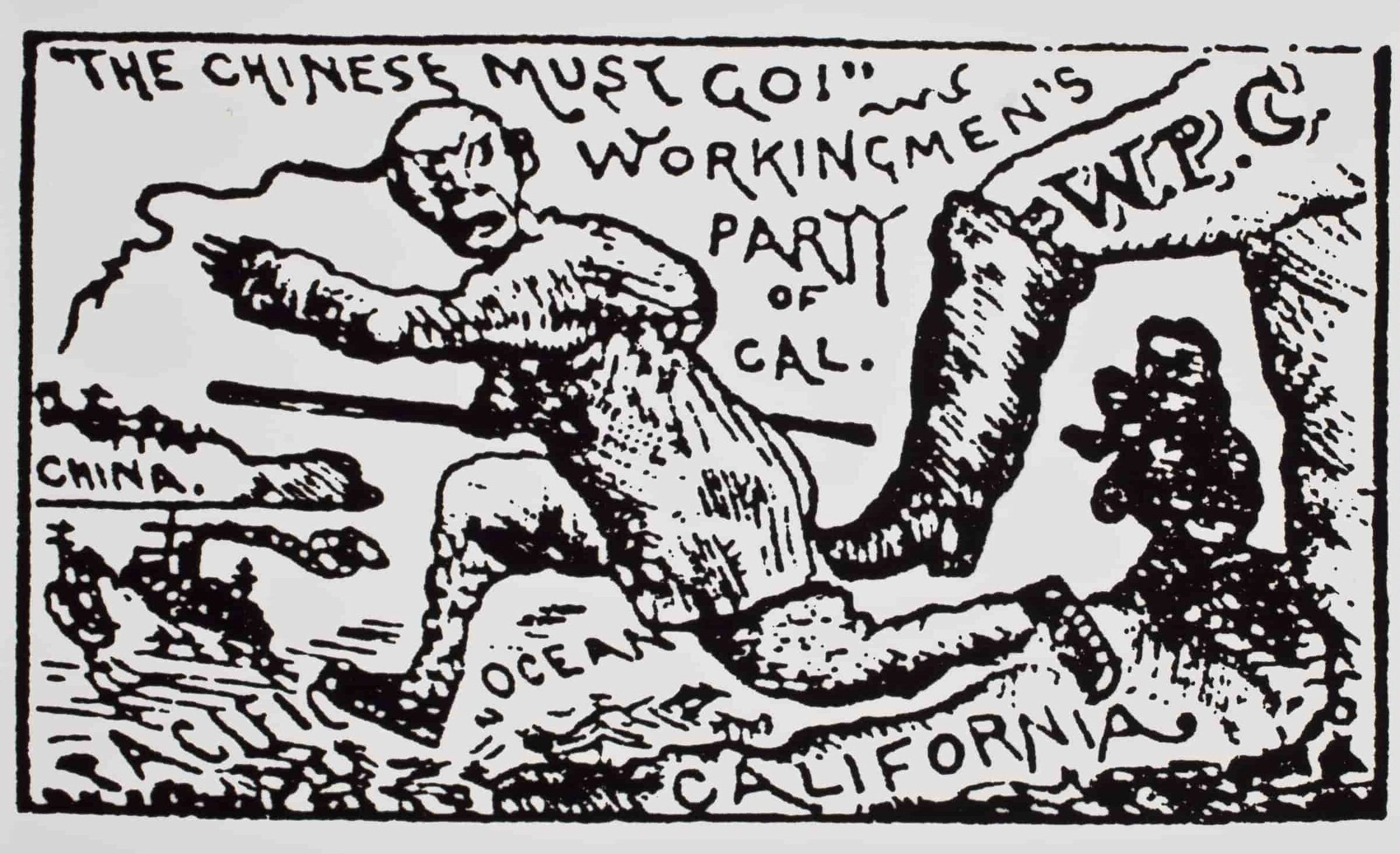 Political cartoon with the metaphorical leg of California kicking a Chinese man out into the Pacific Ocean. Text above reads "The Chinese must go!"