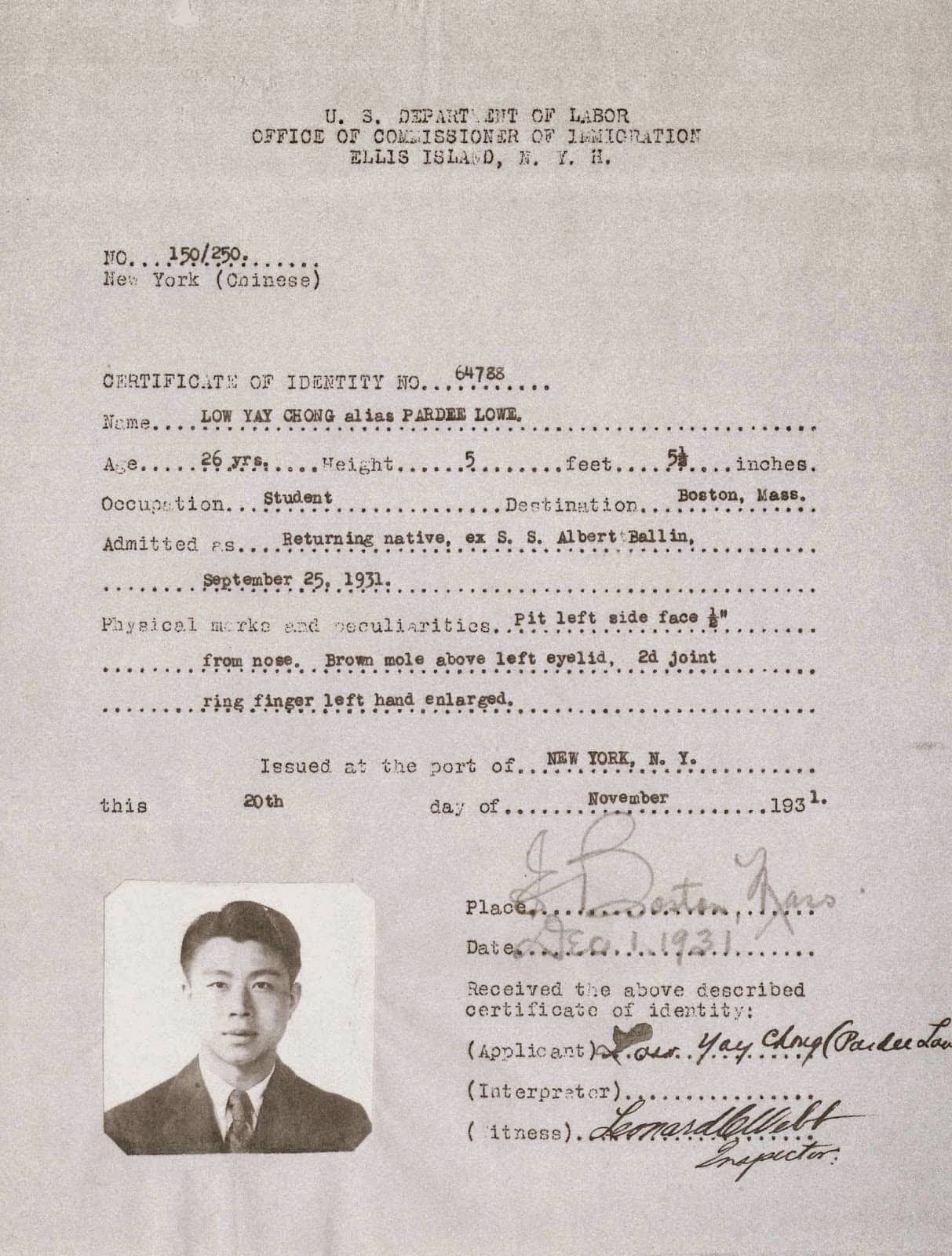 Chinese American Pardee Lowe's Certificate of Identity. Description detailed from top to bottom of page, photo of Pardee at the bottom left.