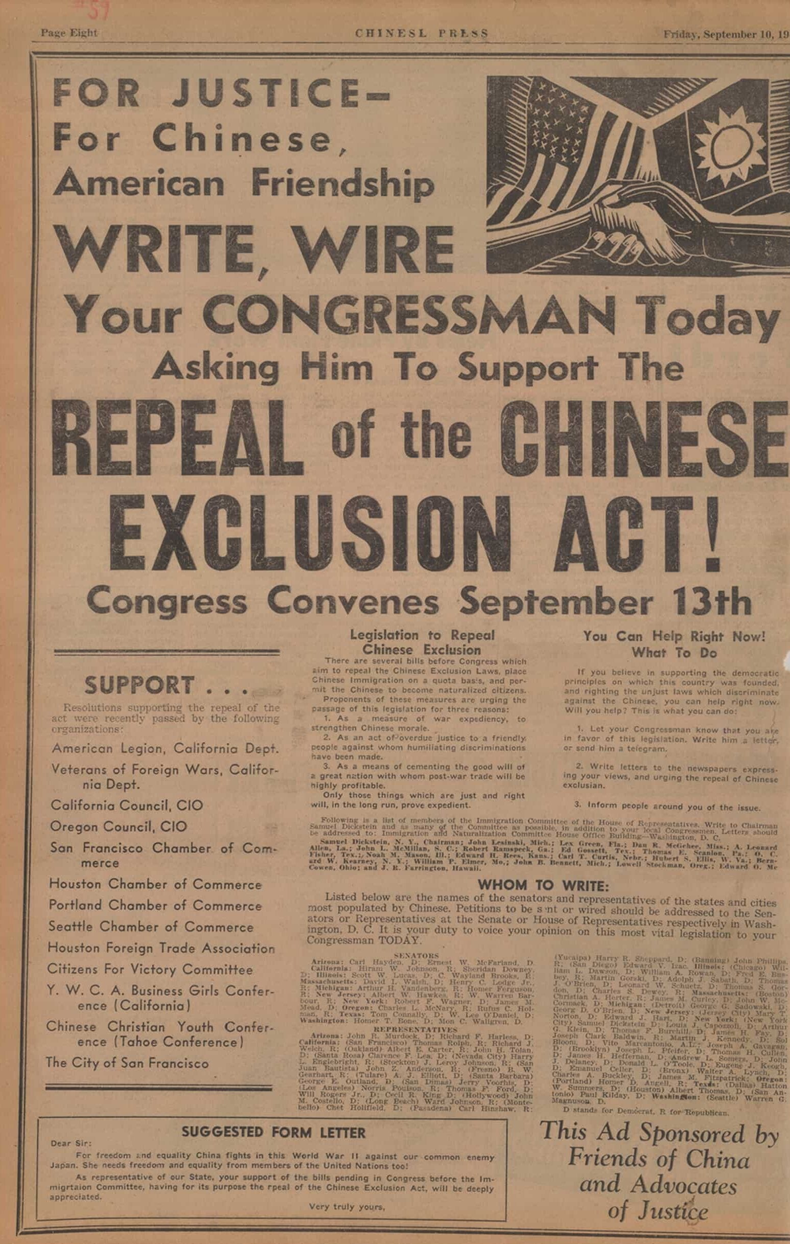 A Chinese Press ad titled "Repeal of the Chinese Exclusion Act" shows image of USA and China shaking hands.