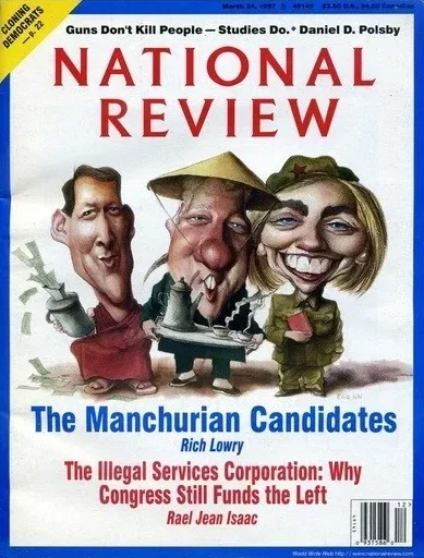 National Review cover depicts Al Gore, Bill Clinton, and Hillary Clinton as Asian stereotypes. Text below reads "The Manchurian Candidates".