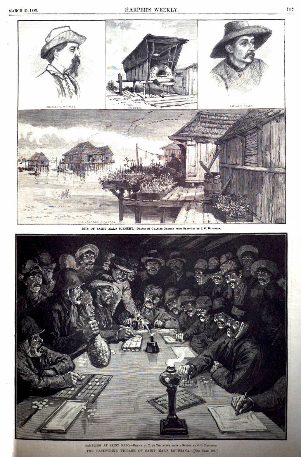 Compilation of five ink drawings. Portraits of Charles E. Whitney and Lafcadio Hearn, outdoor oven, vegetables grown on stilt house porch, gamblers.