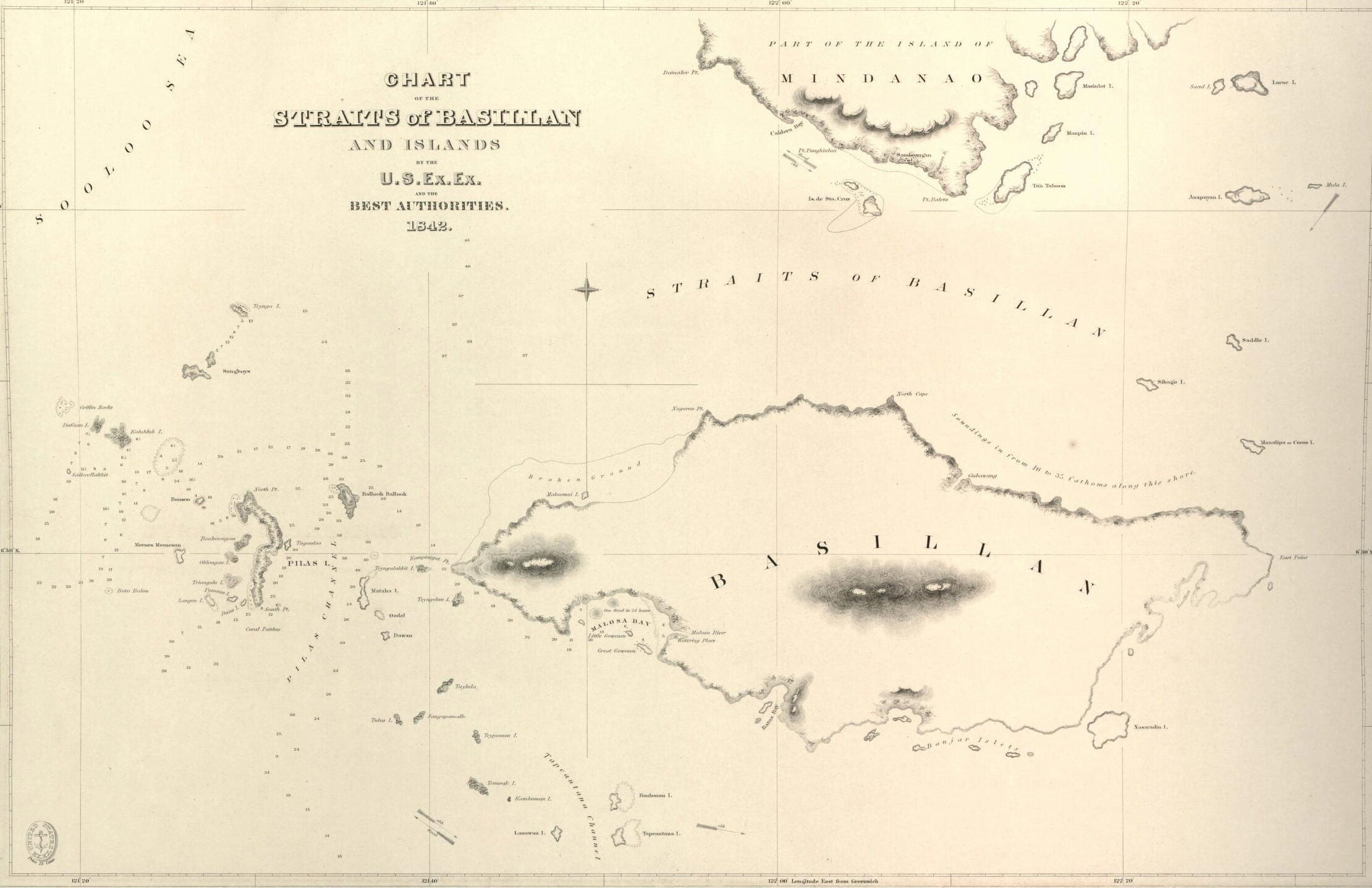 1842 U.S. exploration expedition map of the Straits of Basillan between the islands of Mindanao and Basillan in the Philippines.