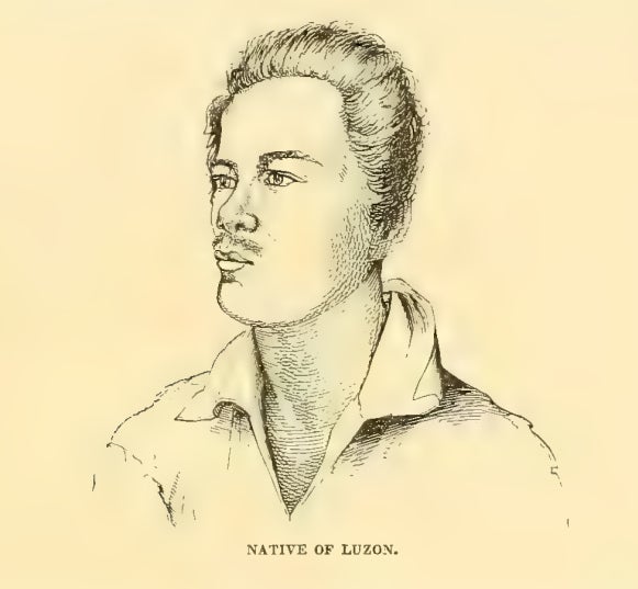 Drawing of a man with a mustache wearing a collared shirt facing left. Captioned "Native of Luzon."