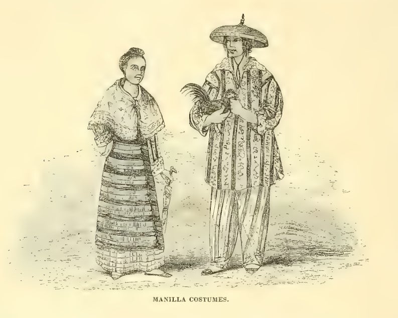Drawing of a woman and man in "Manilla Costumes": striped dress, shawl with umbrella and striped tunic, pants and straw hat, holding a chicken.