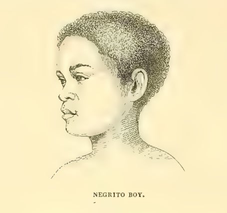 Line drawing of the head and neck of a young boy facing left. Captioned "Negrito Boy."