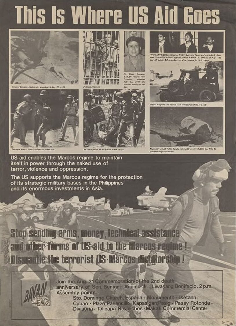 Poster calling to stop U.S. aid to the Marcos regime with the headline "This Is Where US Aid Goes." Photos show violence enacted under Marcos.