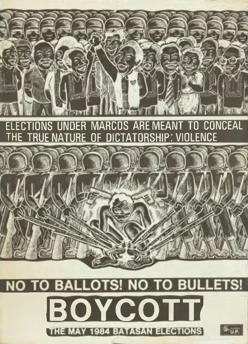 Poster calling for boycott of the 1984 elections shows an illustration of Marcos in front of a crowd concealing a figure shackled, held at gunpoint.
