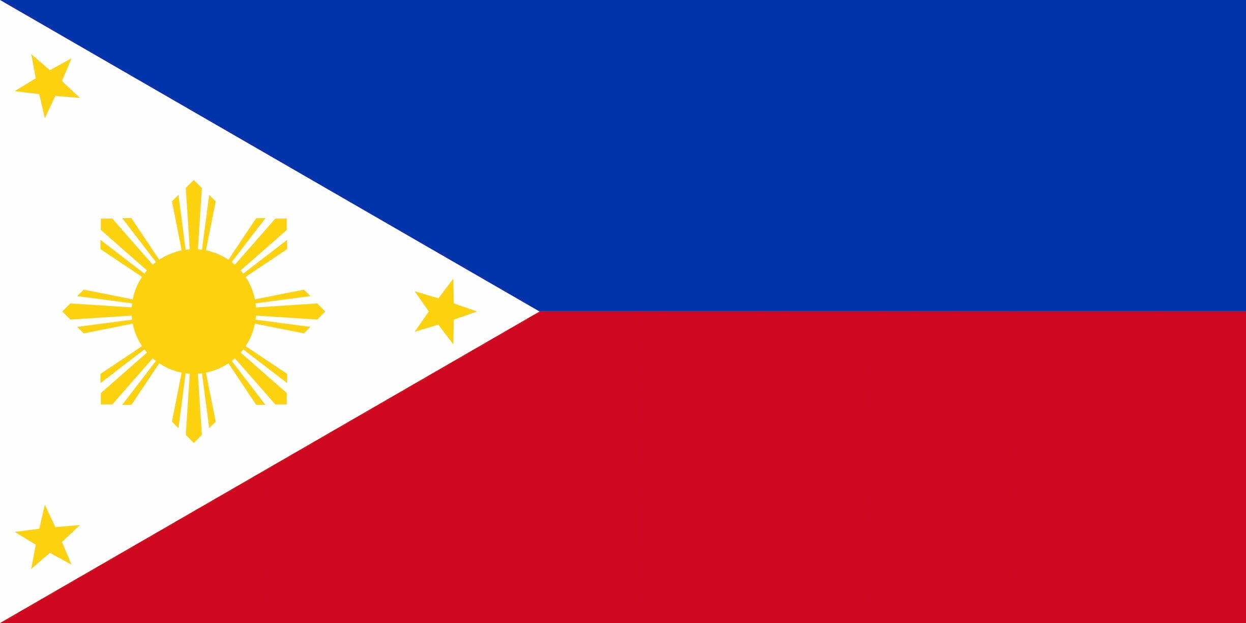 Illustration of Philippine flag: there is a white triangle to the left with a sun and three stars and horitzontal blue and red stripe to the right.