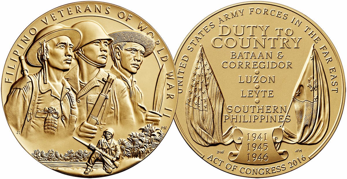 World War 2 Congressional gold medal showing four soldiers in uniform on one side and 'Duty to Country' with U.S. and Philippine flags on the back.