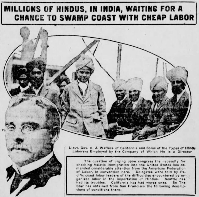 Article titled "Millions of Hindus, in India, Waiting for Chance to Swamp Coast with Cheap Labor" with illustrations of men wearing turbans and suits.