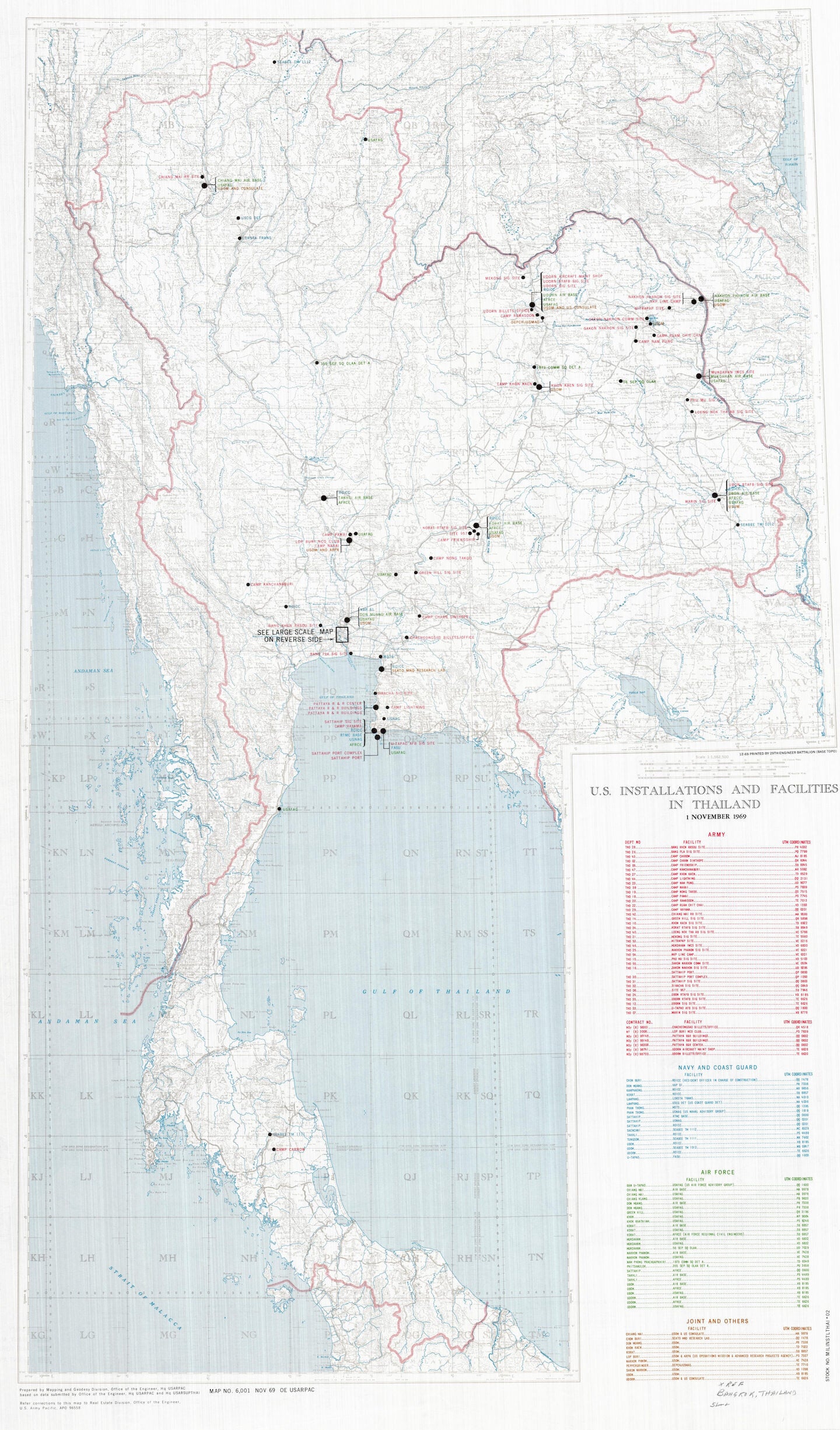 Historical map labeled "U.S. Installations and Facilities in Thailand." Different colored fonts indicate the bases of different military branches.