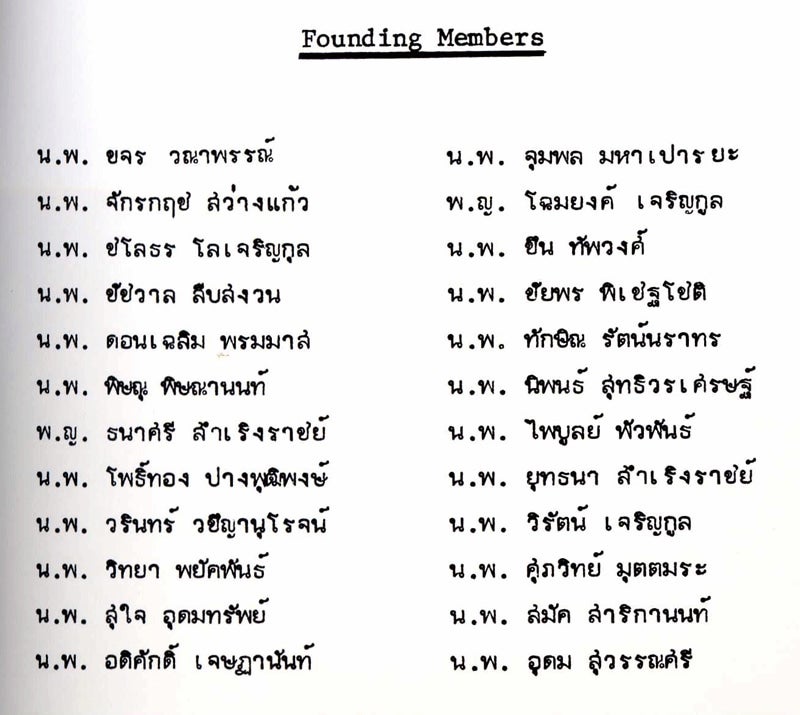 Black text on white background titled "Founding Members." Beneath heading, twenty four names are written in Thai.