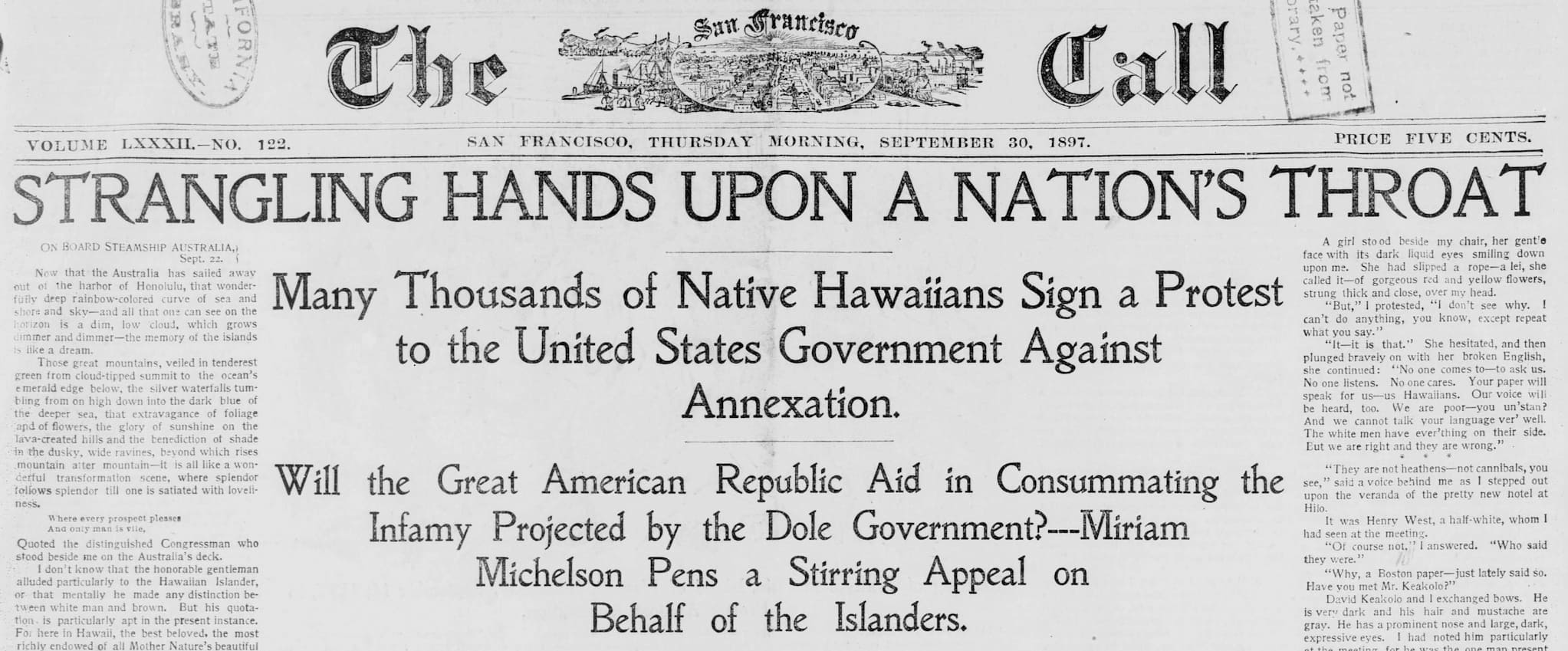 Newspaper front page with headline "Strangling Hands Upon A Nation's Throat." Beneath, sub-heading details Hawaiians' protest against U.S. annexation.