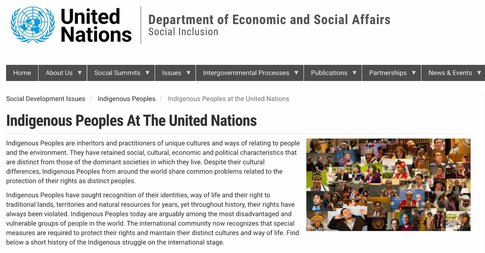 United Nations' description of Indigenous People in text on the left side with a photograph collage of Indigenous People on the right side.