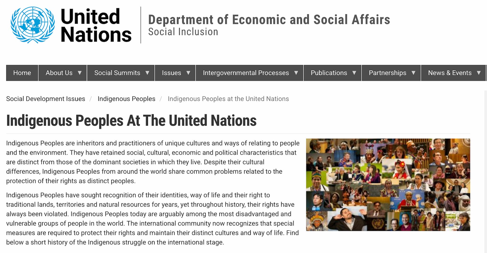 United Nations' description of Indigenous People in text on the left side with a photograph collage of Indigenous People on the right side.