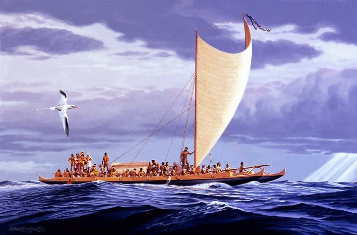 A painting depicts Kānaka ʻŌiwi sailing a waʻa kaulua, a double-hulled canoe, in the ocean under a cloudy sky. A seagull flies above the wa'a kaulua.